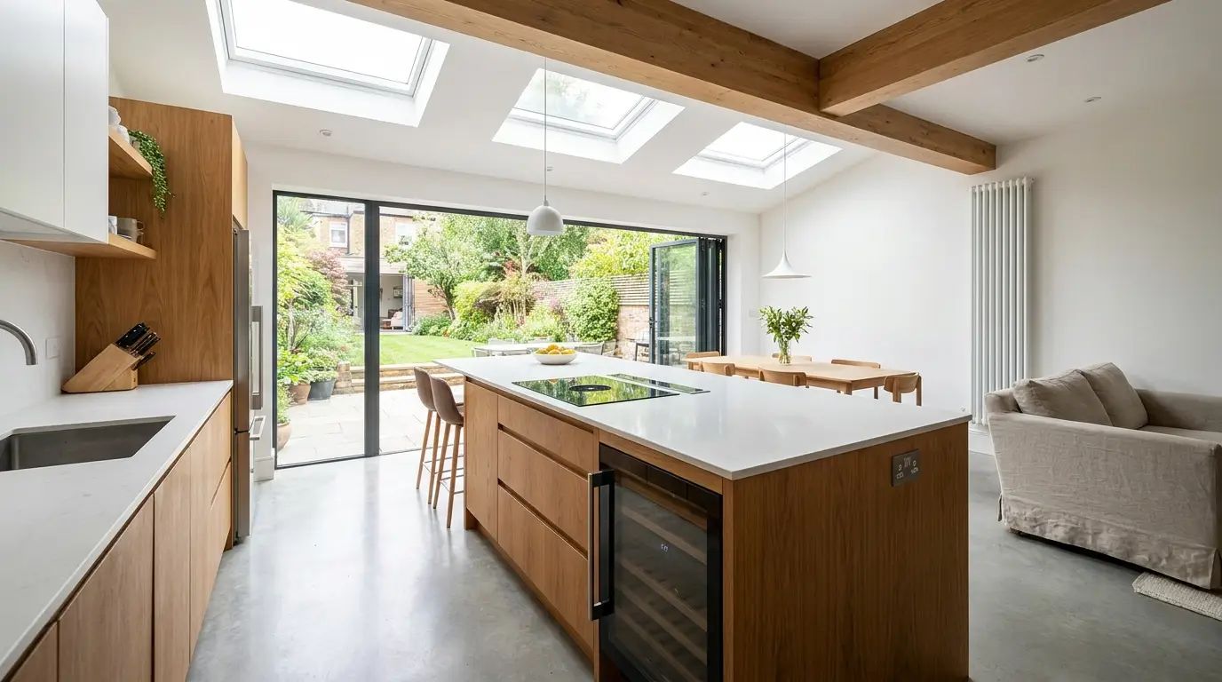 A modern kitchen with new lighting and sockets